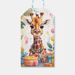Étiquettes-cadeau Joyeuse Giraffe avec cadeaux et gâteau