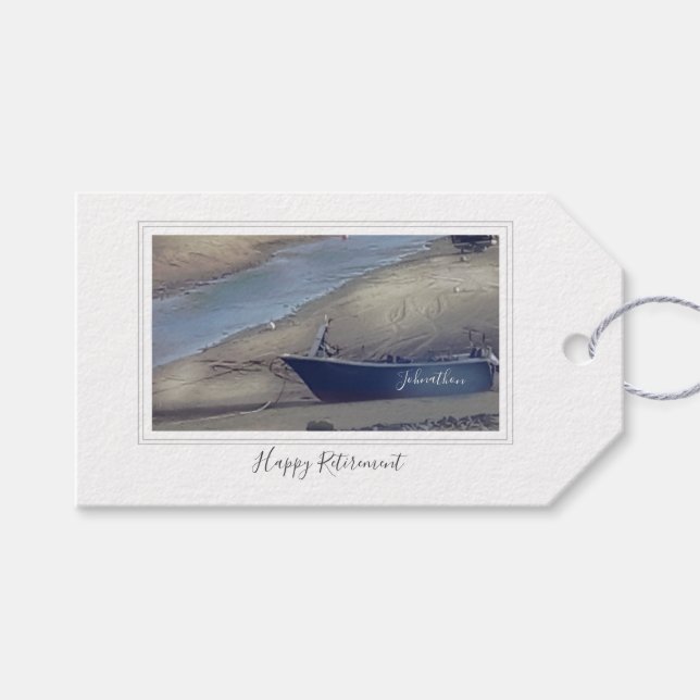 Étiquettes-cadeau Joyeuse retraite Cornish bateau de pêche sur la pl (Devant (Horizontal))