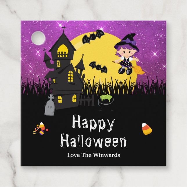 Étiquettes Cadeau Joyeuse sorcière de fête d'Halloween violet (Devant)
