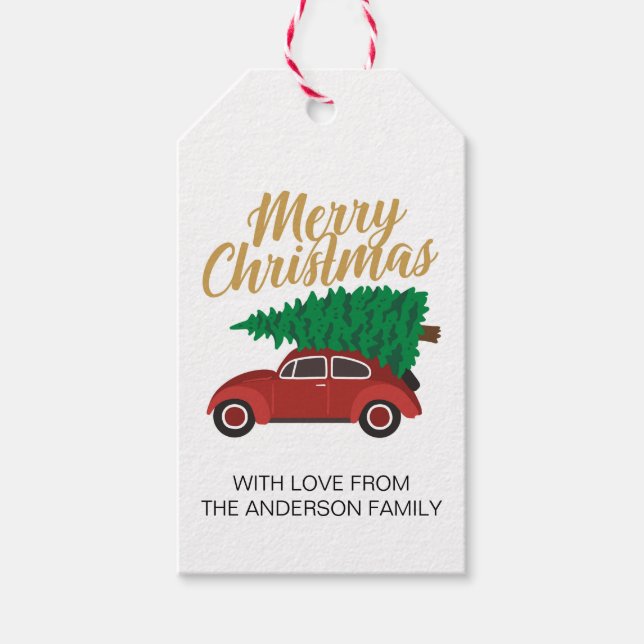 Étiquettes-cadeau Joyeuse voiture rouge de Noël avec arbre personnal (Devant)