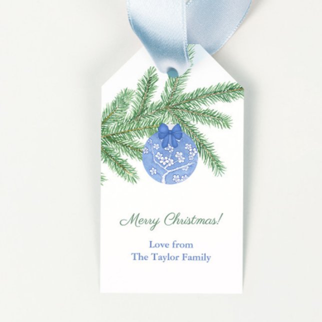 Étiquettes-cadeau Joyeuses Fêtes Bleu Et Blanc Ornement Noël (Elegant blue and white chinoiserie ornament merry christmas gift tags)