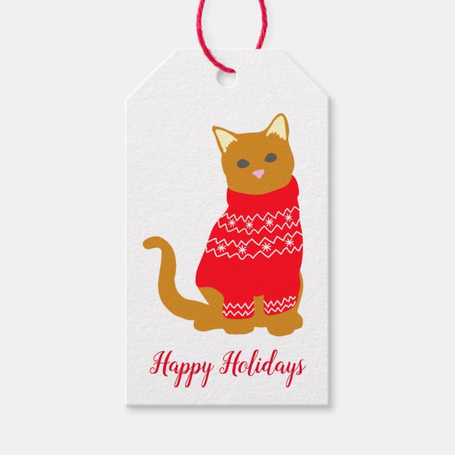 Étiquettes-cadeau Joyeuses fêtes Cute Chat en Rouge Noël Jumper (Devant)