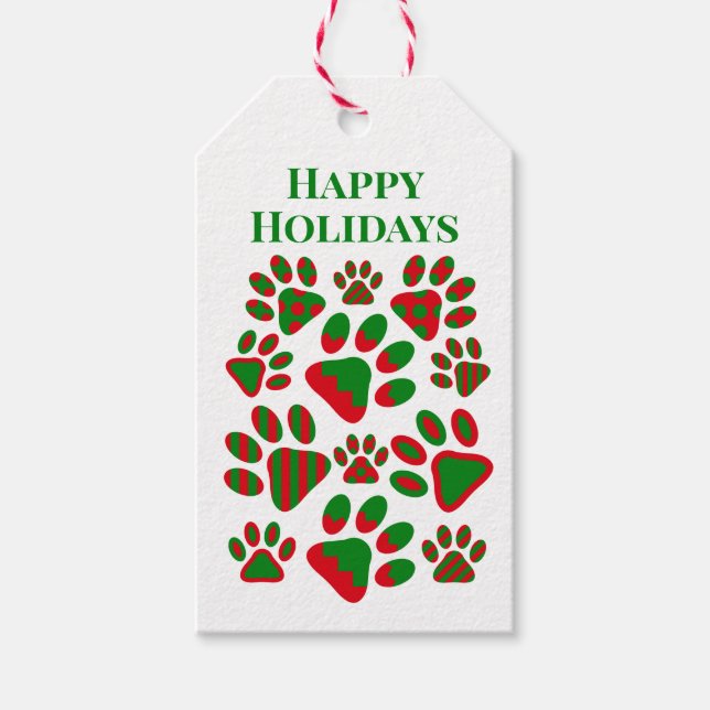 Étiquettes-cadeau Joyeuses Fêtes Rouge Vert Motif Empreintes de patt (Devant)
