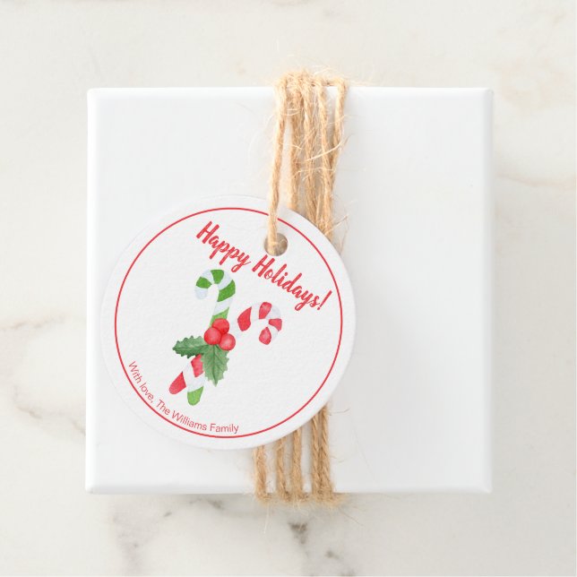 Étiquettes Cadeau Joyeuses fêtes | Sucre de canne aquarelle Noël (En situation)