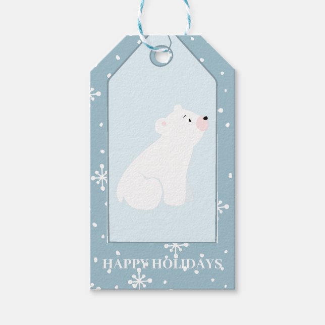 Étiquettes-cadeau Joyeuses fêtes tombant neige ours polaire bleu pou (Devant)
