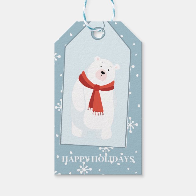 Étiquettes-cadeau Joyeuses fêtes tombant neige ours polaire bleu pou (Devant)