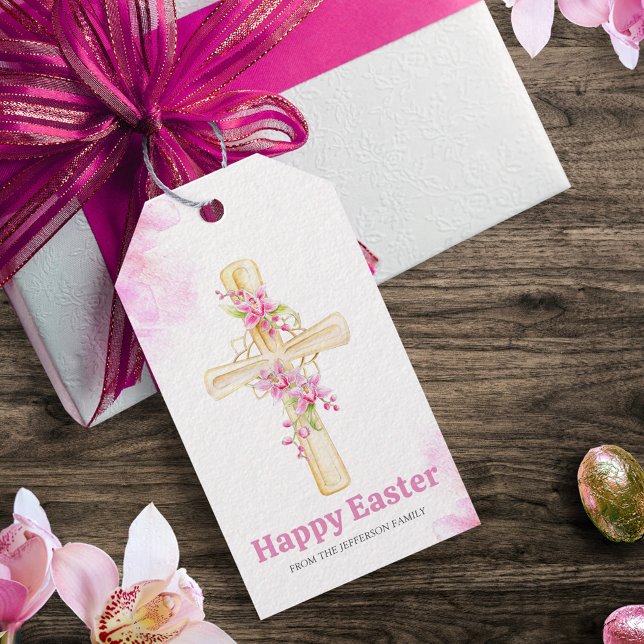 Étiquettes-cadeau Joyeuses fleurs d'orchidées florales roses de Pâqu (Créateur téléchargé)