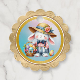 Étiquettes Cadeau Joyeuses Pâques avec un lapin mignon, des œufs et