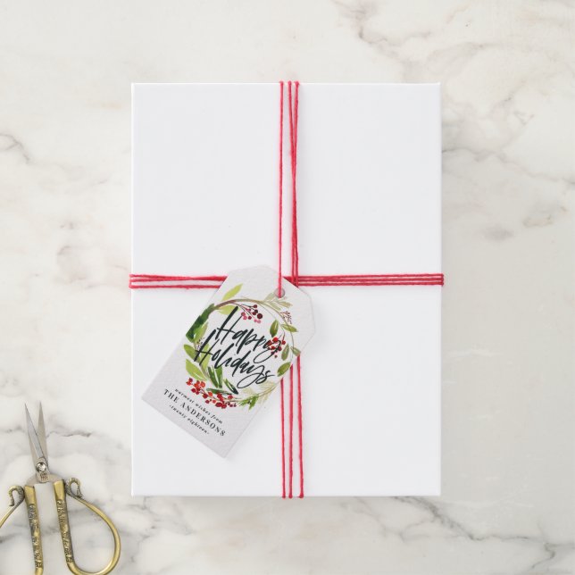 Étiquettes-cadeau Joyeuses vacances aquarelle feuillage floral (Avec de la ficelle)