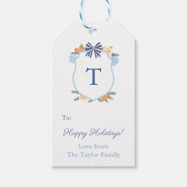 Étiquettes-cadeau Joyeuses Vacances Bleu & Blanc Citrus Monogram Cre (Devant)