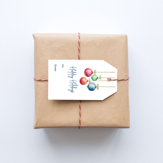 Étiquettes-cadeau Joyeuses Vacances colorées Aquarelles (Happy Holidays Watercolor ornaments custom gift tag. )