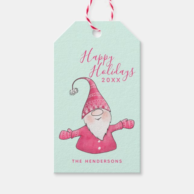 Étiquettes-cadeau Joyeuses vacances Mignonne Gnome Mint et Noël rose (Devant)