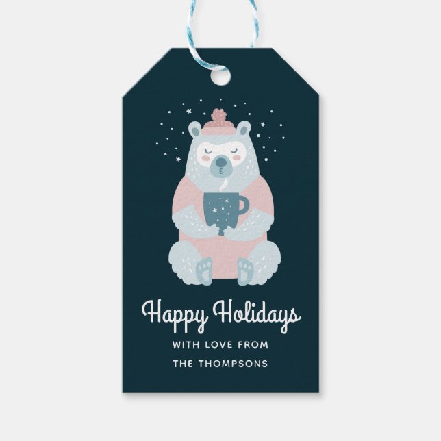 Étiquettes-cadeau Joyeuses vacances Ours tenant Mug Personnalisé (Devant)