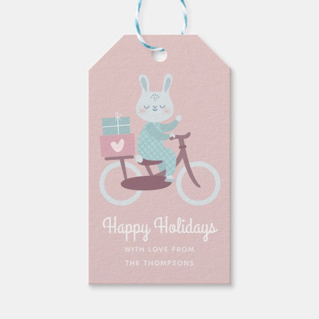 Étiquettes-cadeau Joyeuses vacances Rabbit équitation vélo Personnal (Devant)