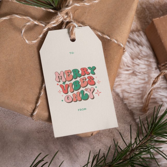 Étiquettes-cadeau Joyeuses Vibes seulement Super les années 70 rétro (Merry Vibes Only Christmas gift tags)