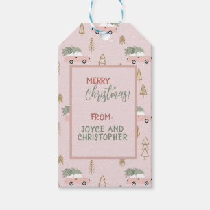 Étiquettes-cadeau Joyeuses voitures roses de Noël avec arbres en hau