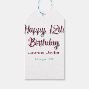 Étiquettes-cadeau joyeux 12ème anniversaire vert rose nom date simpl