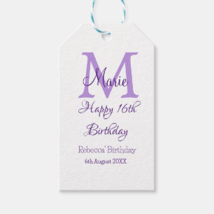 Étiquettes-cadeau Joyeux 16e anniversaire violet ajouter nom monogra