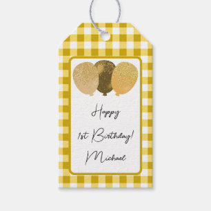 Étiquettes-cadeau Joyeux 1er anniversaire & En vichy et ballons jaun