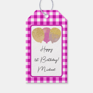 Étiquettes-cadeau Joyeux 1er anniversaire & En vichy rose & ballons