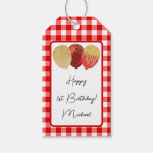 Étiquettes-cadeau Joyeux 1er anniversaire & En vichy rouge & ballons