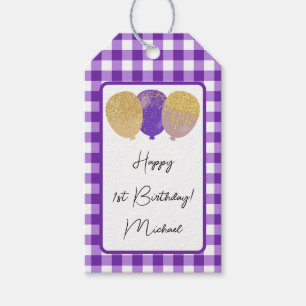 Étiquettes-cadeau Joyeux 1er anniversaire & En vichy violet & ballon