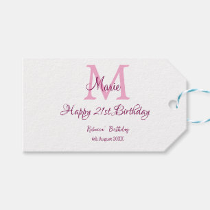 Étiquettes-cadeau Joyeux 21e Anniversaire rose ajouter nom monogramm