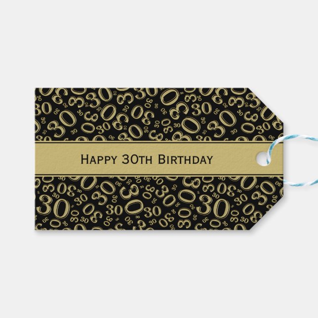 Étiquettes-cadeau Joyeux 30e anniversaire Gold/Motif de numéro noir (Devant (Horizontal))