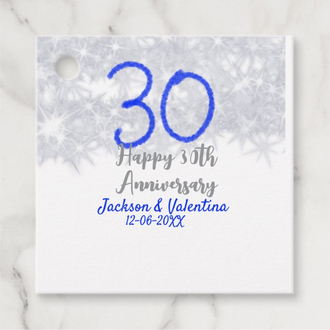 Étiquettes Cadeau Joyeux 30e anniversaire mariage argent bleu partie (Devant)
