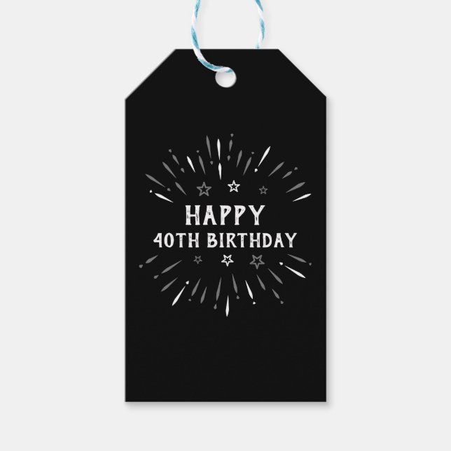 Étiquettes-cadeau Joyeux 40e anniversaire feux d'artifice noir blanc (Devant)