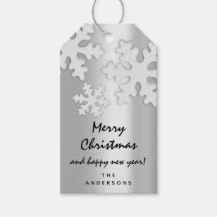 Étiquettes-cadeau Joyeux à l'argent de neige de bonne année de