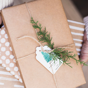 Étiquettes-cadeau Joyeux à Nom de Noël Arbre Vert Bleu