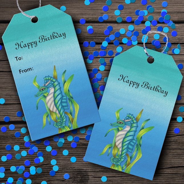 Étiquettes-cadeau Joyeux anniversaire Aqua Blue Sea Dragon Creature (Fantasy sea dragon creature in seaweed on shades of watery blues Birthday gift tags.)