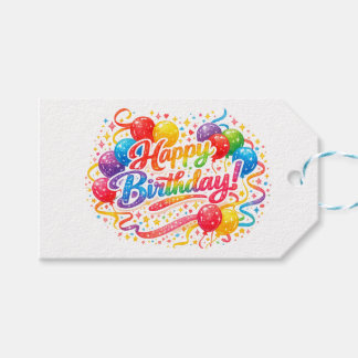 Étiquettes-cadeau Joyeux Anniversaire Ballons Arc-en-ciel Confettis 