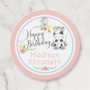 Étiquettes Cadeau Joyeux anniversaire Bébé Vache Floral 1er annivers
