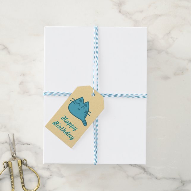 Étiquettes-cadeau Joyeux Anniversaire Bleu souriant Kitty Chat (Avec de laficelle)