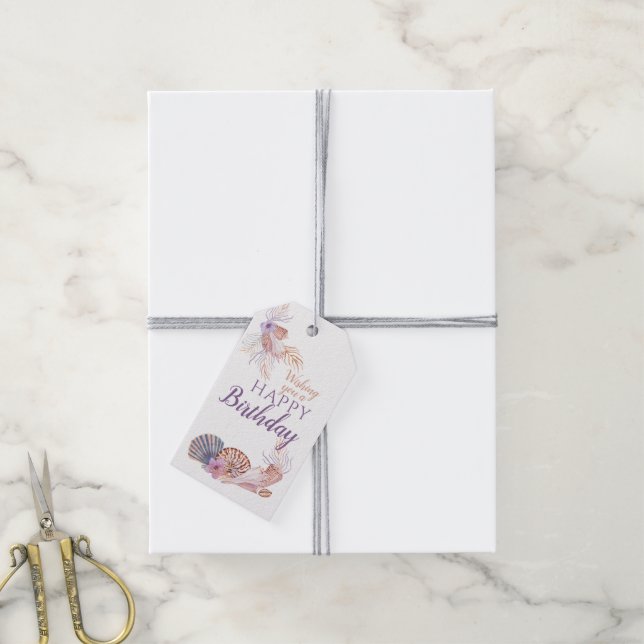 Étiquettes-cadeau Joyeux Anniversaire Coquillage Coral (Avec de la ficelle)