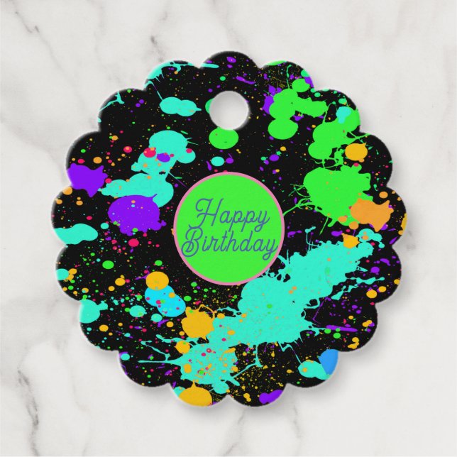 Étiquettes Cadeau Joyeux Anniversaire éclaboussure de peinture néon  (Devant)