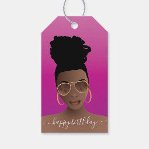 Étiquettes-cadeau Joyeux Anniversaire, Femme noire avec les tons ros