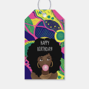 Étiquettes-cadeau Joyeux anniversaire ! Femme noire, Bubblegum, Colo