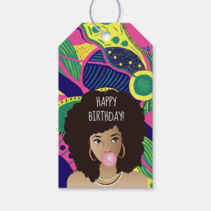 Étiquettes-cadeau Joyeux anniversaire ! Femme noire, Bubblegum, Colo
