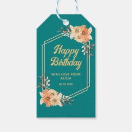 Étiquettes-cadeau Joyeux Anniversaire Fleur Orange Or Turquoise