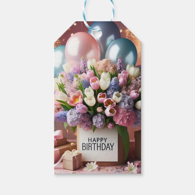 Étiquettes-cadeau Joyeux anniversaire, fleurs et cadeaux, par Natash (Devant)