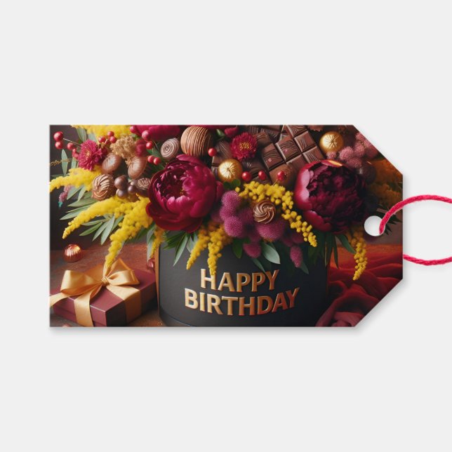 Étiquettes-cadeau Joyeux anniversaire, fleurs et chocolat, par Natas (Devant (Horizontal))