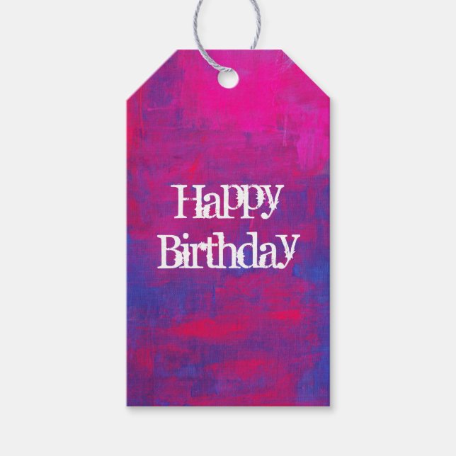 Étiquettes-cadeau Joyeux Anniversaire Magenta et Bleu peinture Abstr (Devant)