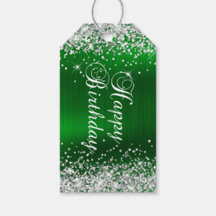 Étiquettes-cadeau Joyeux Anniversaire Paillettes Argent Vert Feuille