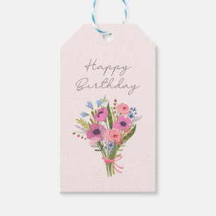 Étiquettes-cadeau Joyeux anniversaire simple, rose, floral, script