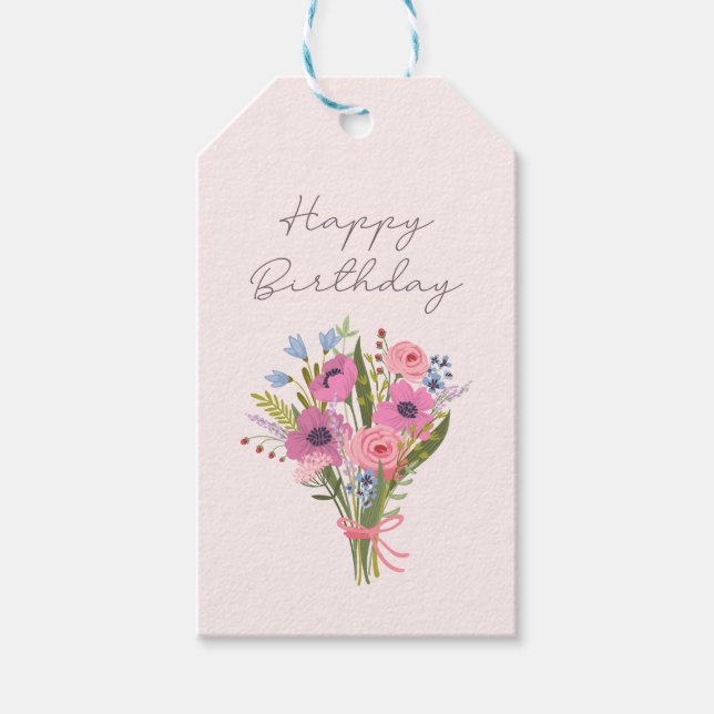Étiquettes-cadeau Joyeux anniversaire simple, rose, floral, script (Devant)