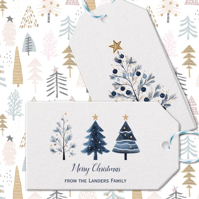 Étiquettes-cadeau Joyeux arbres de Noël personnalisés bleu et or (Modern Blue and Gold Personalized Merry Christmas Trees Gift Tag Front and Back)