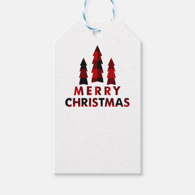 Étiquettes-cadeau Joyeux Arbres de Noël Plaid Échange de cadeaux de  (Devant)